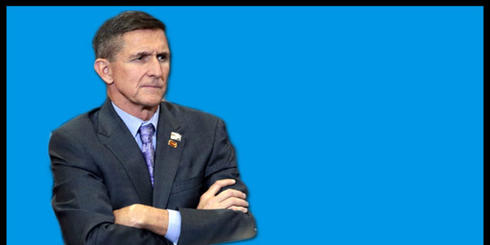 Michael Flynn, arms crossed, set against a blue background.
