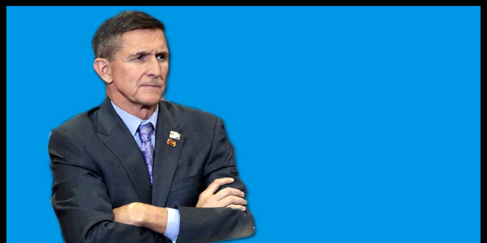 Flynn Sentancing Memo Michael Flynn, arms crossed, set against a blue background.
