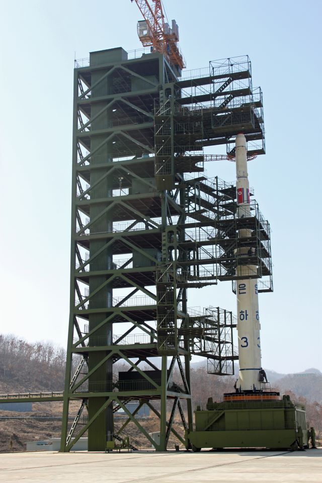 A rocket readied for launch at the Sohae Launch Facility