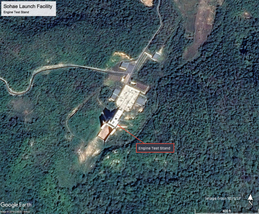 An image from 10/1/2017 shows the Sohae Satellite Launch facility engine test stand.