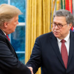 President Trump and William Barr shake hands in the Oval Office