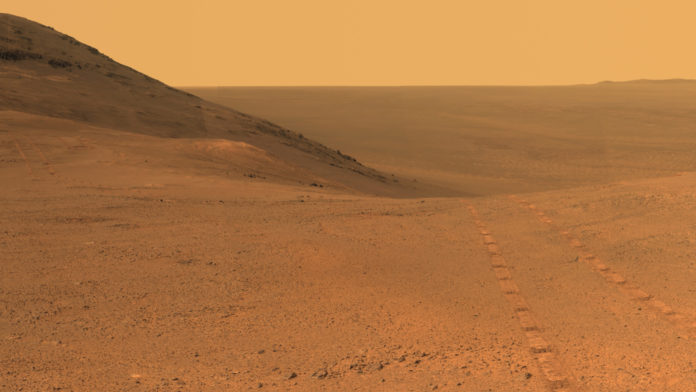 A panoramic view of the Endeavor Crater on Mars.